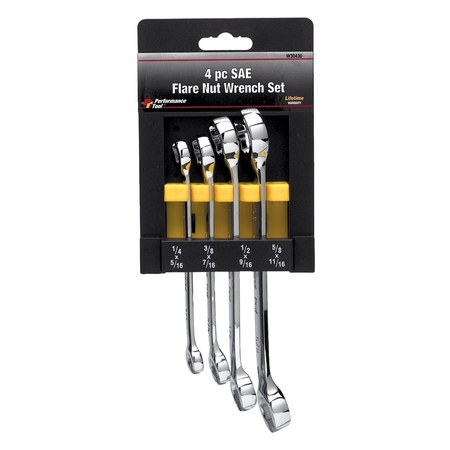 PERFORMANCE TOOL Chrome Flare Nut Wrench Set, 4 Piece, 1/4" to 11/16", Fully Polished W30430